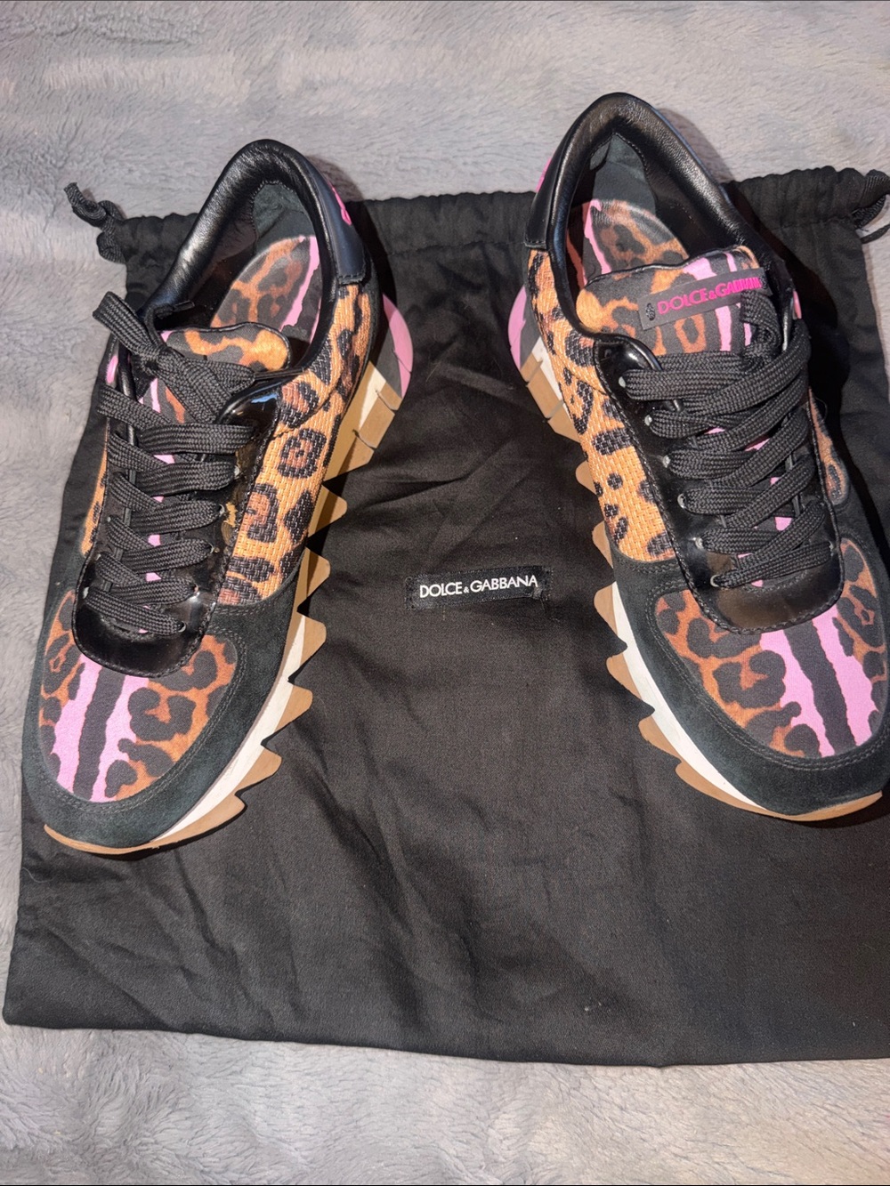 Preloved Dolce & Gabbana Leopard Print Low-Top Sneakers in Pink, Brown & Black